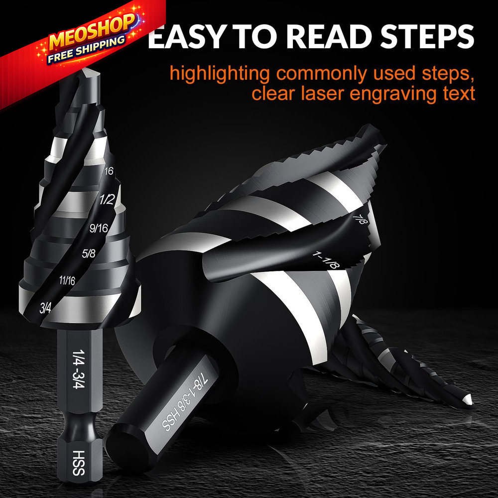 THINKWORK Four Spiral Flute Step Drill Bit Set, 5 Pcs HSS 5 Piece