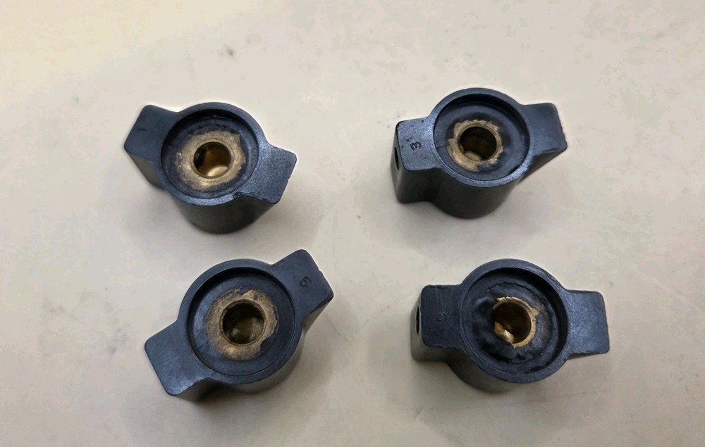 4 Used Black Bakelite Winged Pointer Knobs 60's 70's 1/4 Shaft Brass Insert