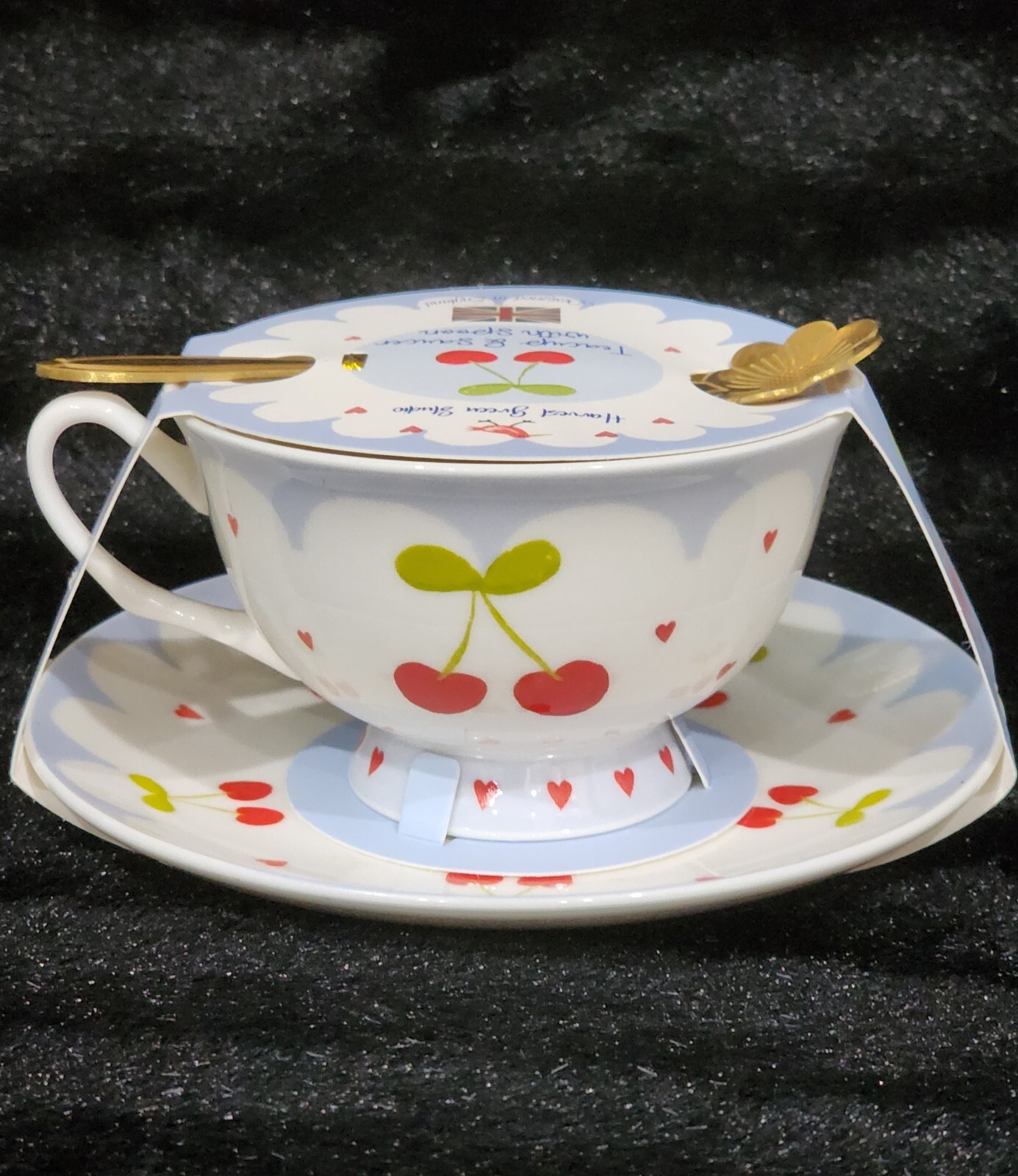 Cherry Bows Teacup & Saucer w Flower Spoon Hearts Blue Red White Lacey Cherries