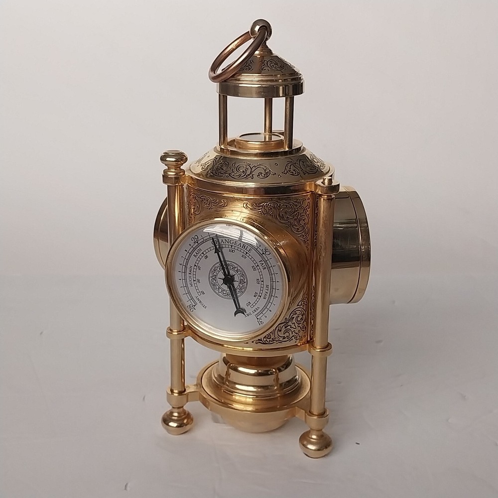 NAUTICAL 3-SIDED BRASS - CLOCK, BAROMETER, THERMOMETER & COMPASS WORKING