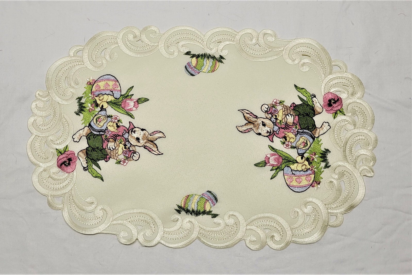 Doily Boutique Table Runner, Doily, Mantel Scarf with Easter Bunny on Ivory