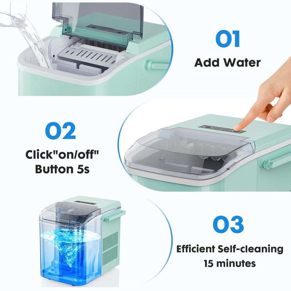 Self-cleaning Ice Makers Countertop with Handle Ice Machine 9 Cubes in 6 Mins