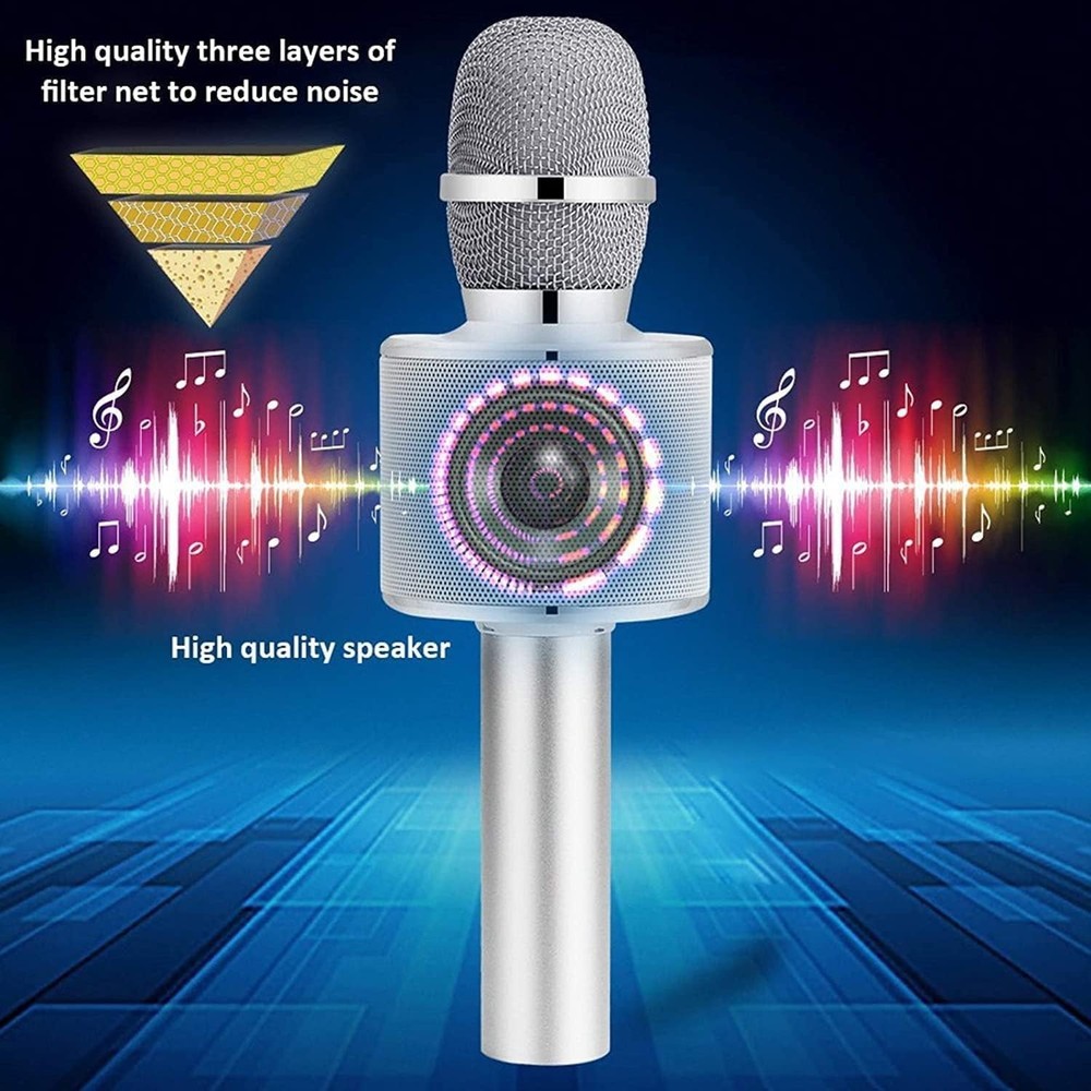 Wireless Bluetooth Karaoke Microphone - 3-in-1 Portable Mic Speaker - Q37 Silver