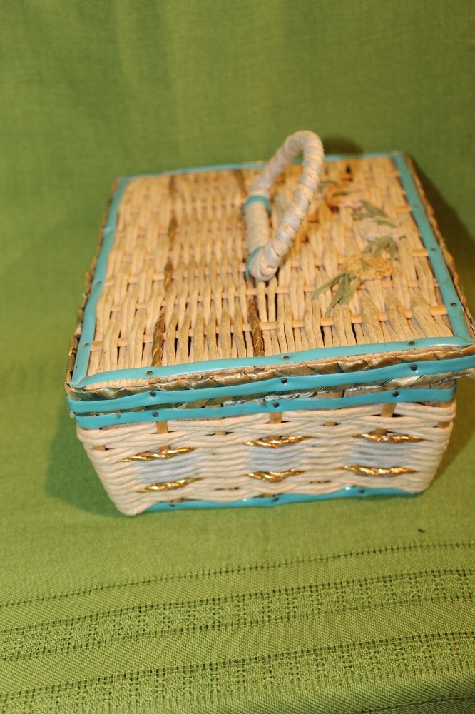 Vintage wicker sewing box w/ buttons needles pins thread