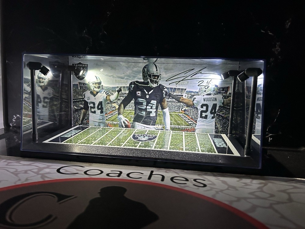 Charles Woodson Custom 2 Mini Helmet display case with LED lights -Raiders