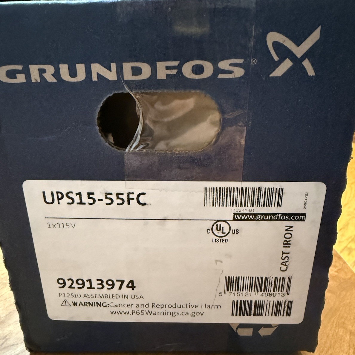 BRAND NEW GRUNDFOS UPS15-55FC 3-SPEED CIRCULATOR PUMP, 115V, CAST IRON W/IFC