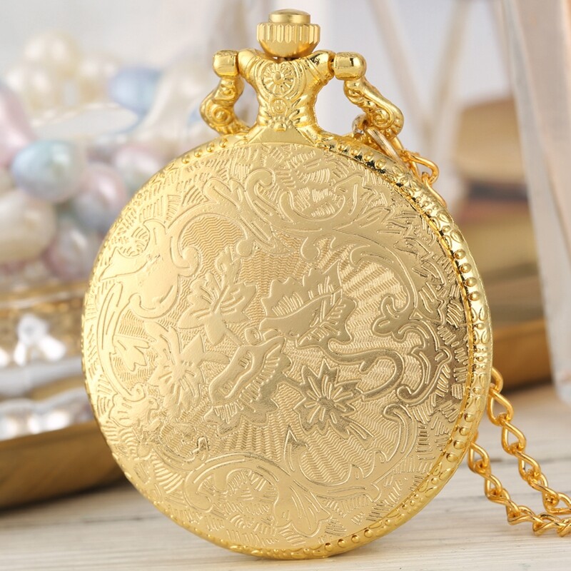 Gold Shield Case Men's Quartz Analog Pocket Watch with Chain Luxury Gifts