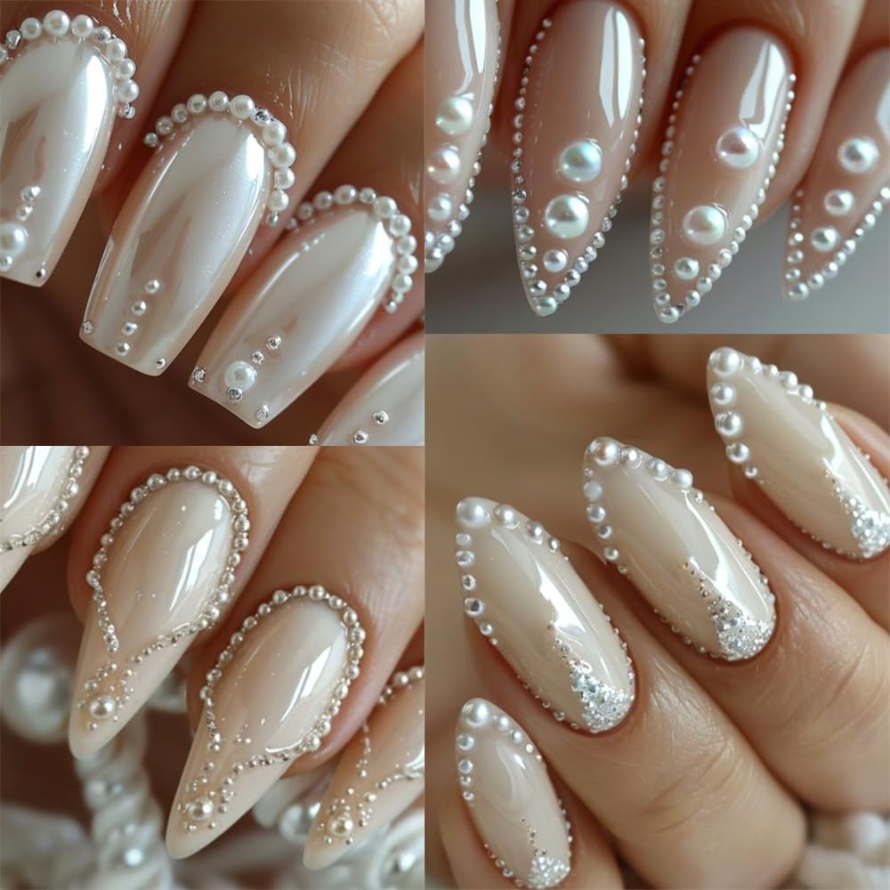 Multi Sizes Round and Half Round Pearls 3D Nail Charms, White Flatback Pearls...