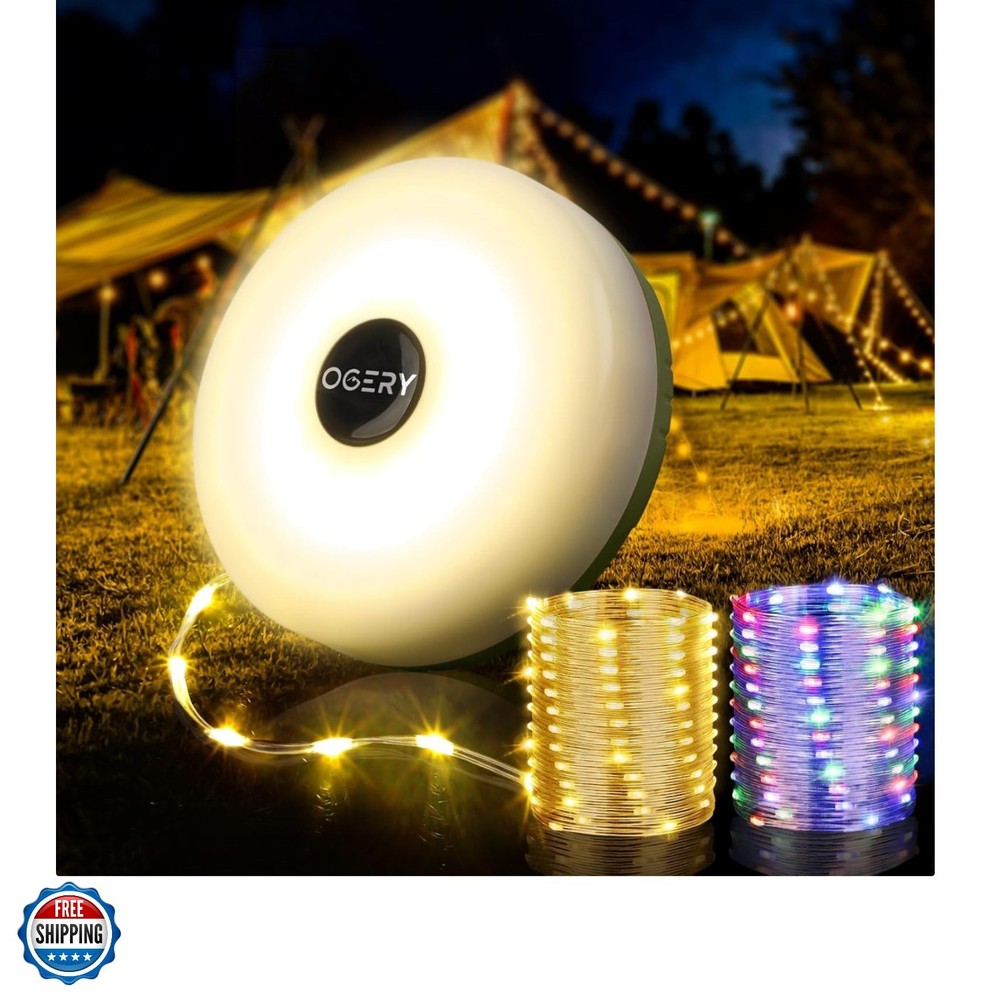 Camping String Lights, 4 in 1 Quick Storage 32.8FT Rechargeable Tent Lights S...