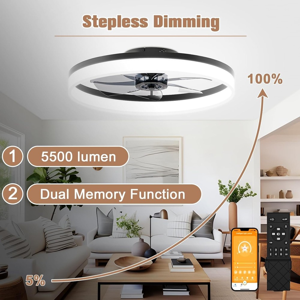 Quiet Low Profile Ceiling Fan with Remote & Dual Memory Function - 5400 Lumen