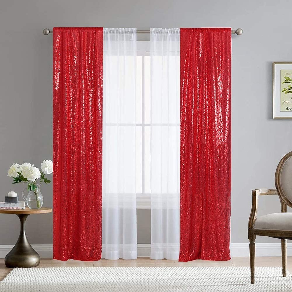 Sequin Curtain Backdrop 2x8 Ft Red 2 Pcs Background For Wedding Party