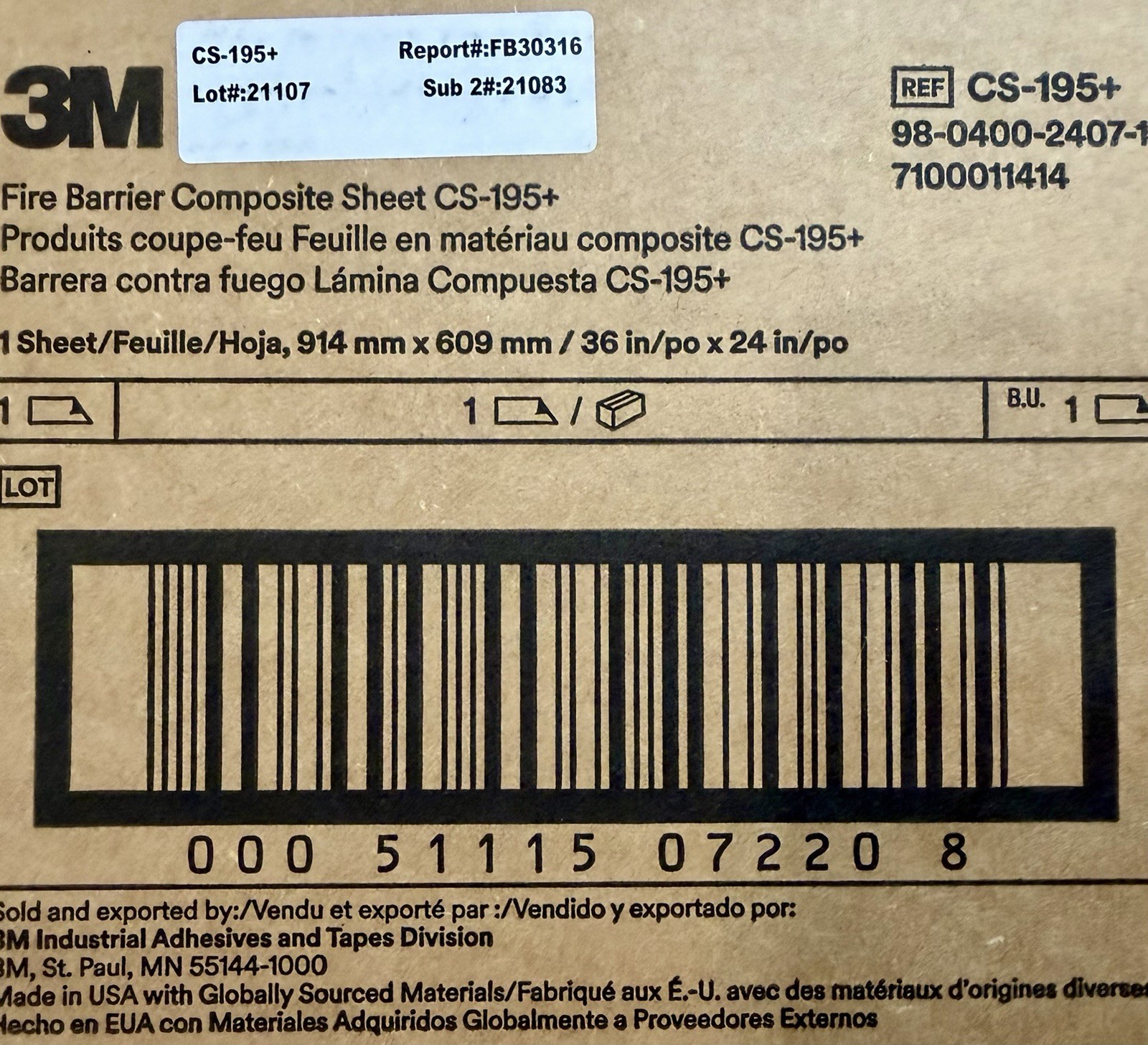 NEW 3M CS-195+ Fire Barrier Composite Sheet 36” X 24” #7100011414 - SHIPS FREE!!