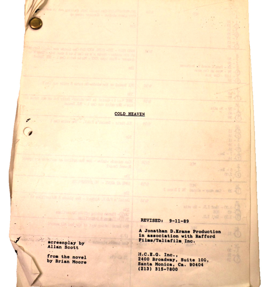 Production Script film Screenplay Cold Heaven by Brian Moore