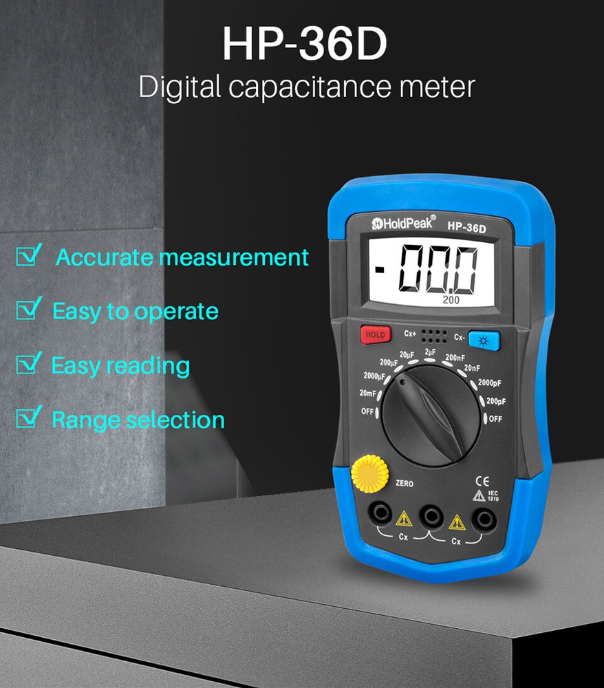 HoldPeak LCD Digital Multimeter Capacitance Test Meters Data Hold 1999 Counts