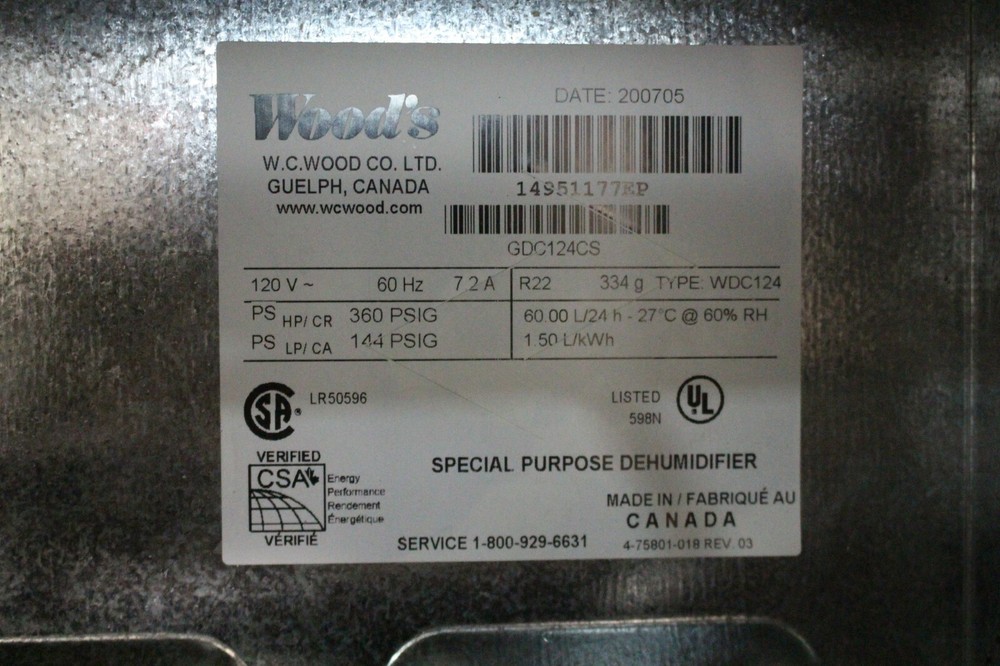 Wood's Special Purpose Dehumidifier GDC124CS