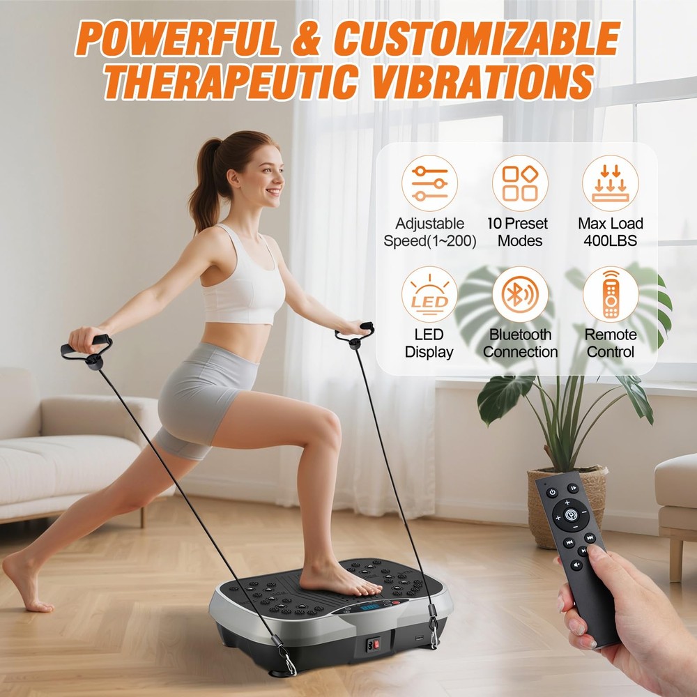 Vibration Plate Exercise Machine, 10 Preset Modes & 200-Level Full Body Worko...