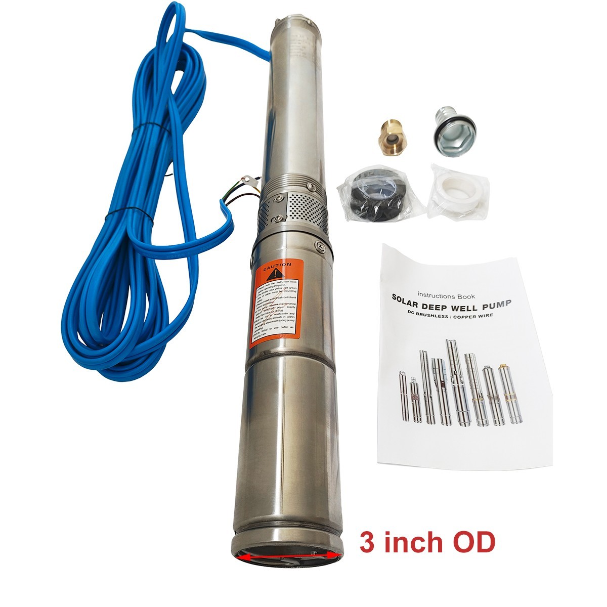 500W 3" DC 48V Solar Pump Submersible Pump Bore Deep Well Pump 33ft Copper Wire