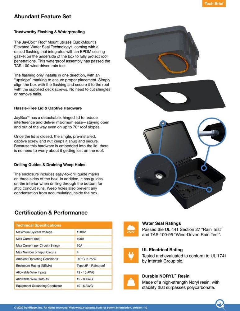 IronRidge QM-JBX-RL02-B1 JayBox Rail-Mounted Junction Box