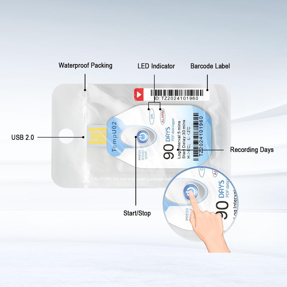 Tzone Disposable Temperature Data Logger USB Temp Recorder with PDF Report 10...