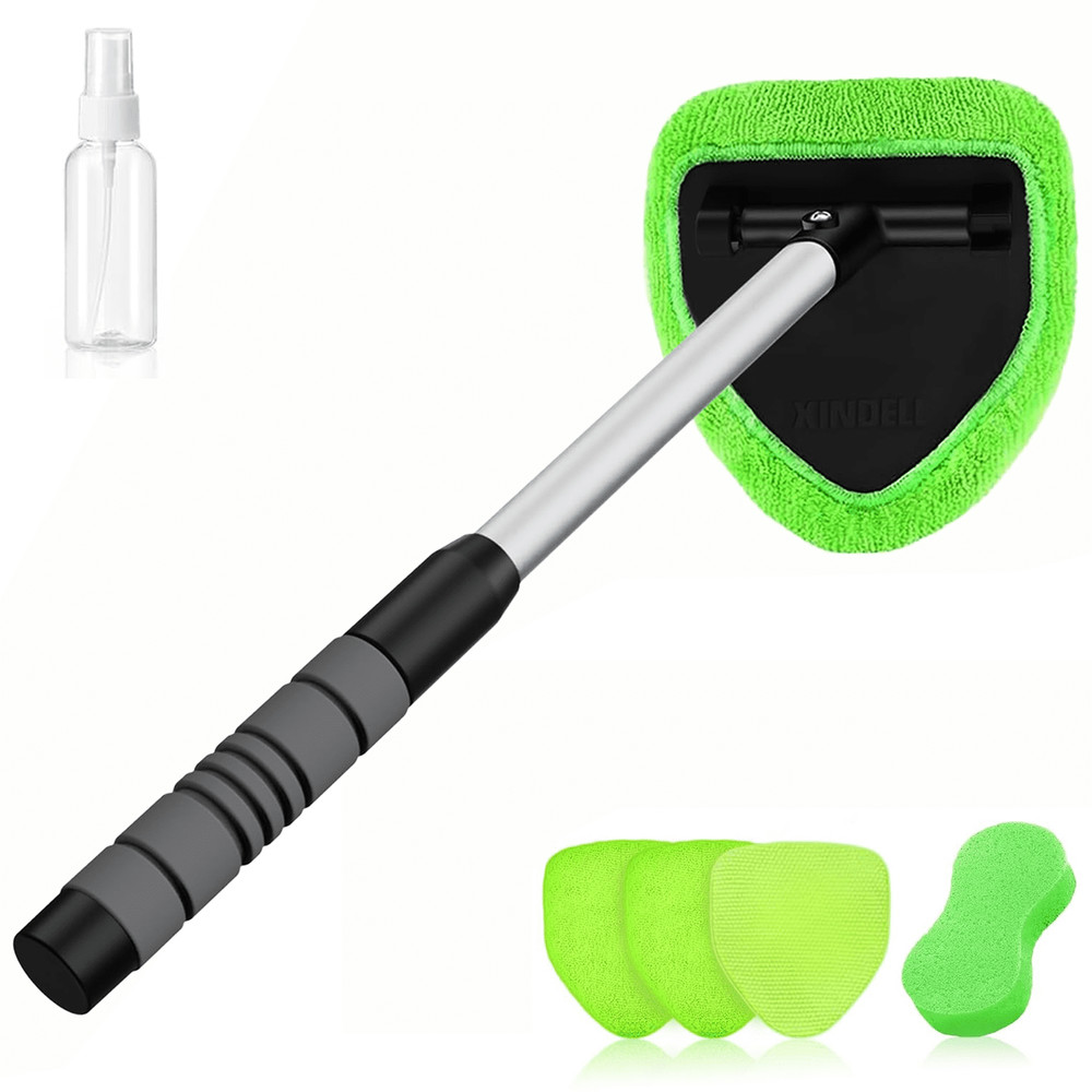 Portable Windshield Cleaner Tool  with Extended Long Handle & 4 Microfiber Pads