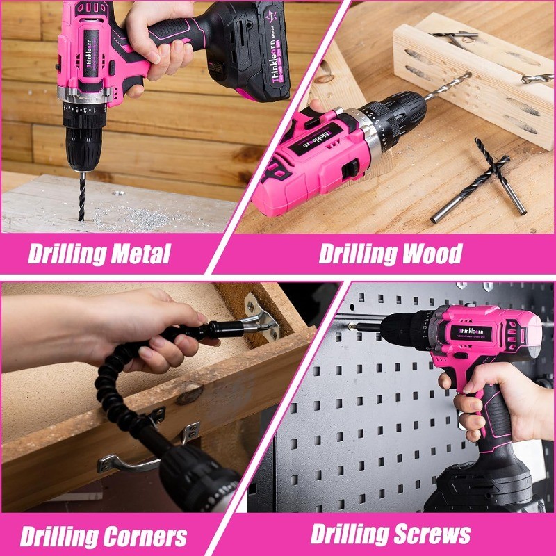 20V Pink Cordless Drill Set - Power Drill/Driver Kit with Drill Brush, Bit Set