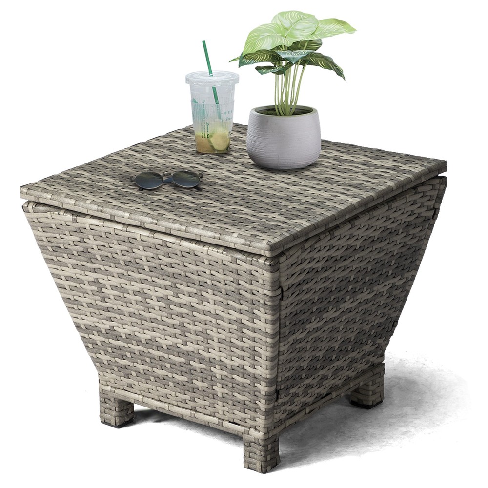 Outdoor PE Wicker Side Table with Storage, Small Patio Storage Bin Container