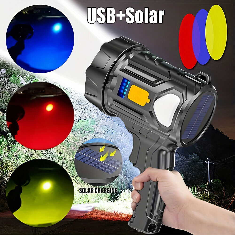 3x 90000000LM Bright Solar/USB Rechargeable LED Spotlight Flashlight Searchlight