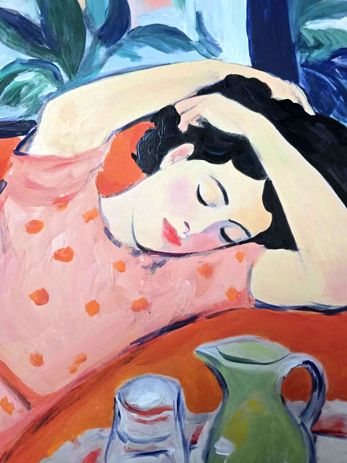 Hand Painted Acrylic on Canvas Painting "Resting on a Sofa". Signed