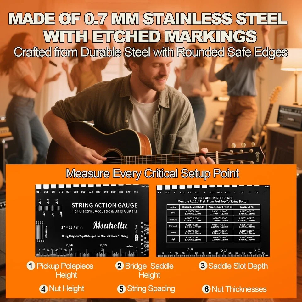 String Action Gauge Ruler, Upgraded Guitar Height Black (Etched)