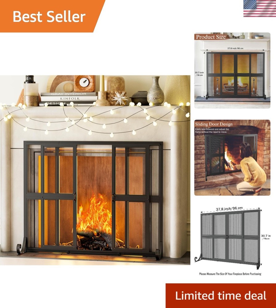 Fireplace Screen with Sliding Doors Wrought Iron Spark Guard Safety Protector