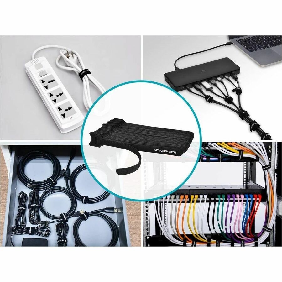Monoprice Hook and Loop Fastening Cable Ties, 6in, 50 pcs/pack, Black