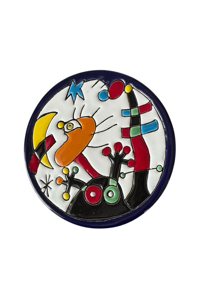 Abstract Joan Miro Style Hand Painted Ceramic Wall Plate/Trivet 7"