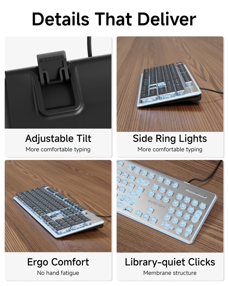 EWEADN GX710S Backlit Computer Keyboards, Wired USB Keyboard with Blue Backli...