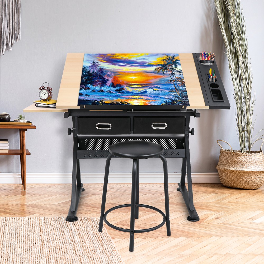 Drafting Drawing Table Craft Tiltable Tabletop with Stool & 2 Drawers to Study