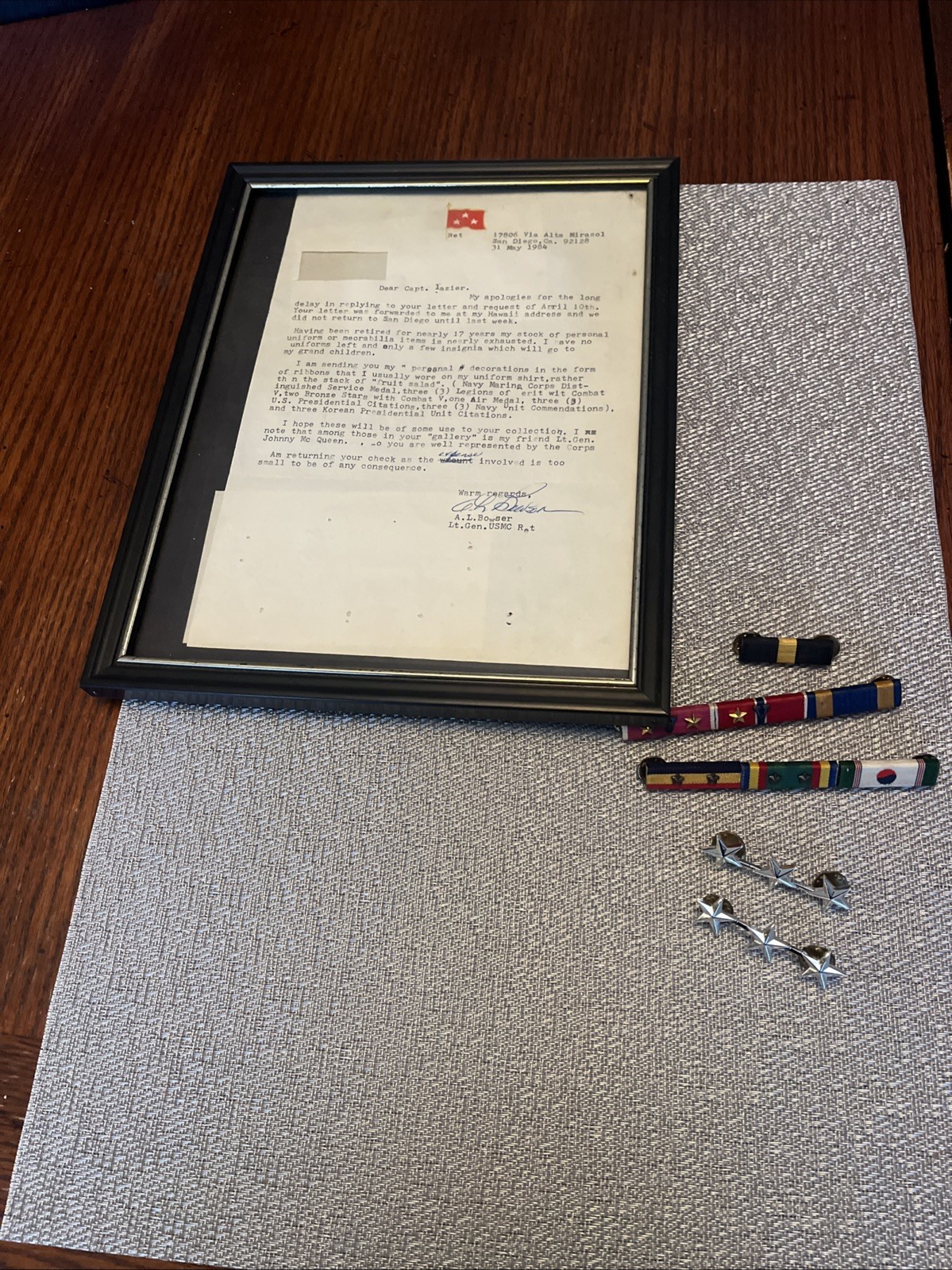 Attributed USMC Insignia And Letter Lt. Gen AL Bowser