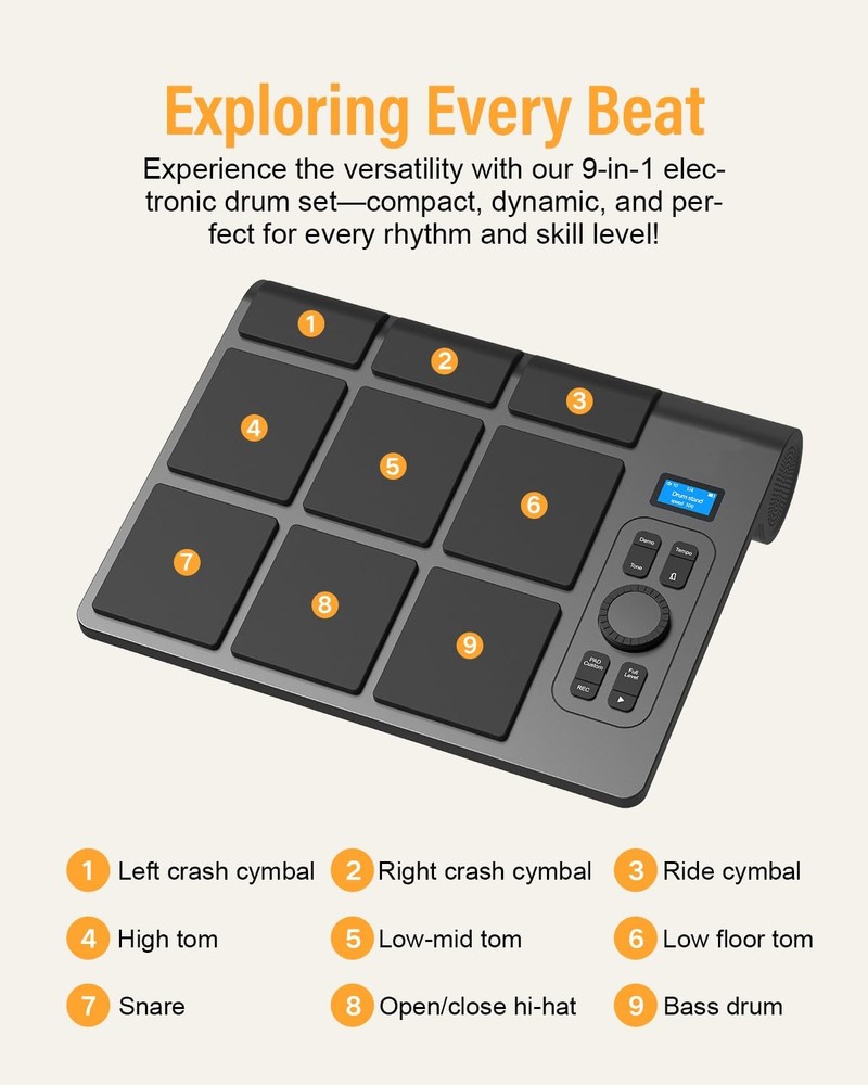 9 Pads Electronic Drum Pad, Electronic Tabletop Drum Set, Portable Digital Dr...