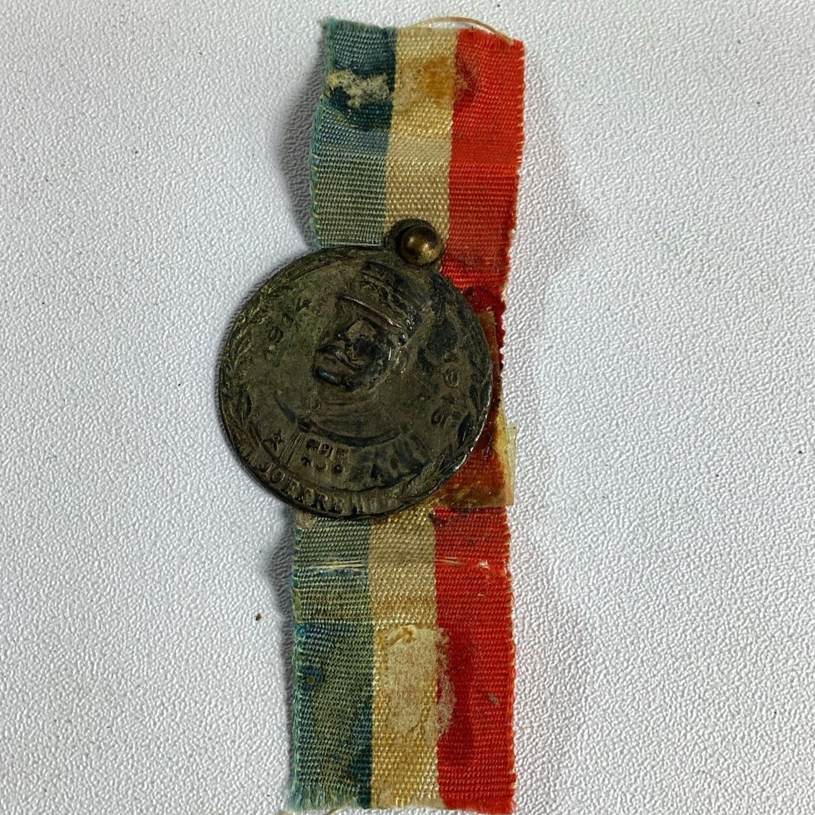 WWI French Medal Patriotic Military Ribbon General Joffre 1914 1915 Vintage