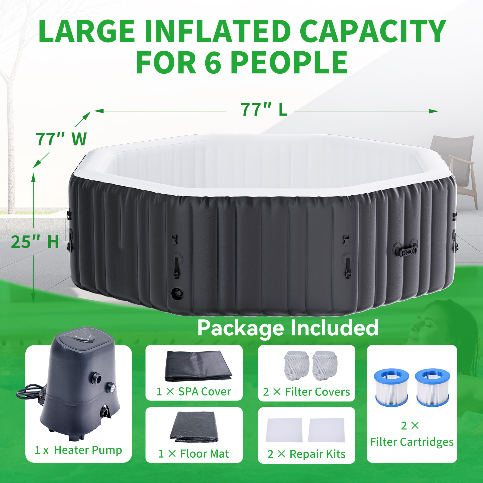 NAIZEA 6 Person Octagon Inflatable Hot Tub 130Air Jet Large Hot Tub 77"x77"x25"