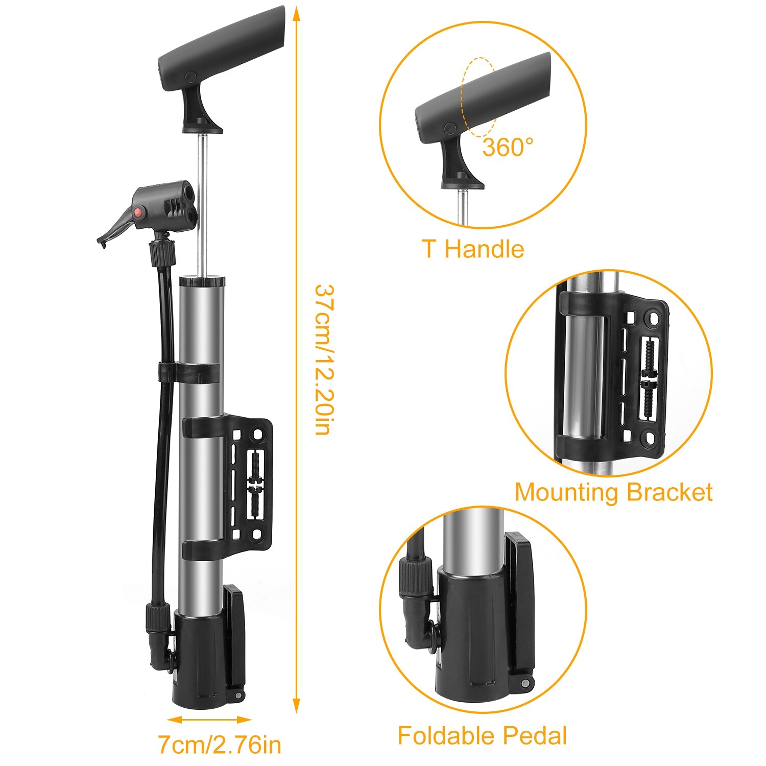 Mini Bike Pump Portable Bicycle Tire Inflator w/ Mount For Mountain Road Bike