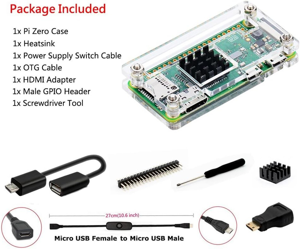 Raspberry Pi Zero Case, Case for Raspberry Pi Zero 2 W, with Heatsink, HDMI Adap