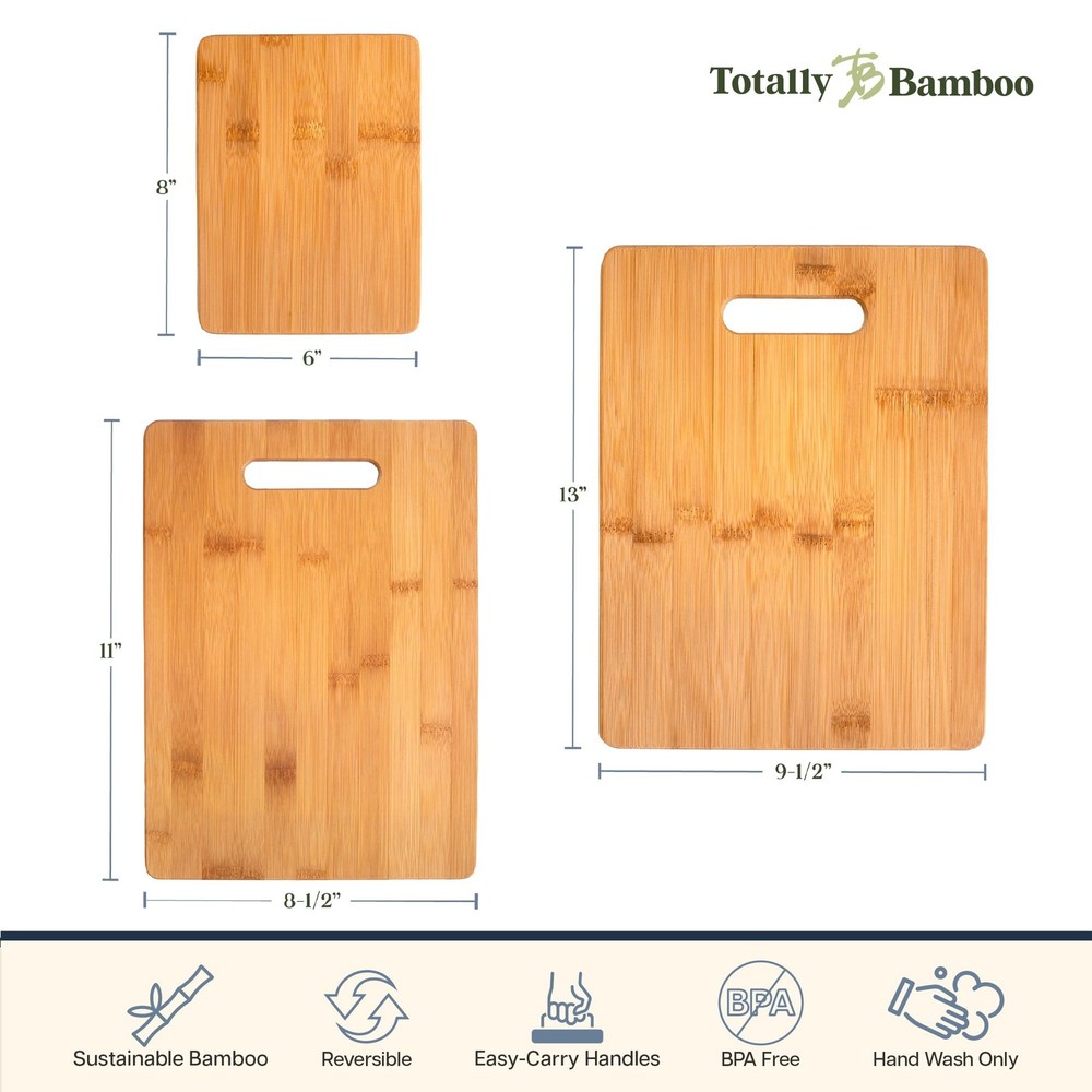 Totally Bamboo Cutting Boards for Kitchen, Set 3 Assorted Sizes, Solid