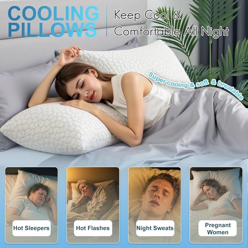 Cooling Pillow Set 2 Pack Gel Memory Foam Adjustable Soft Support Sleepers New