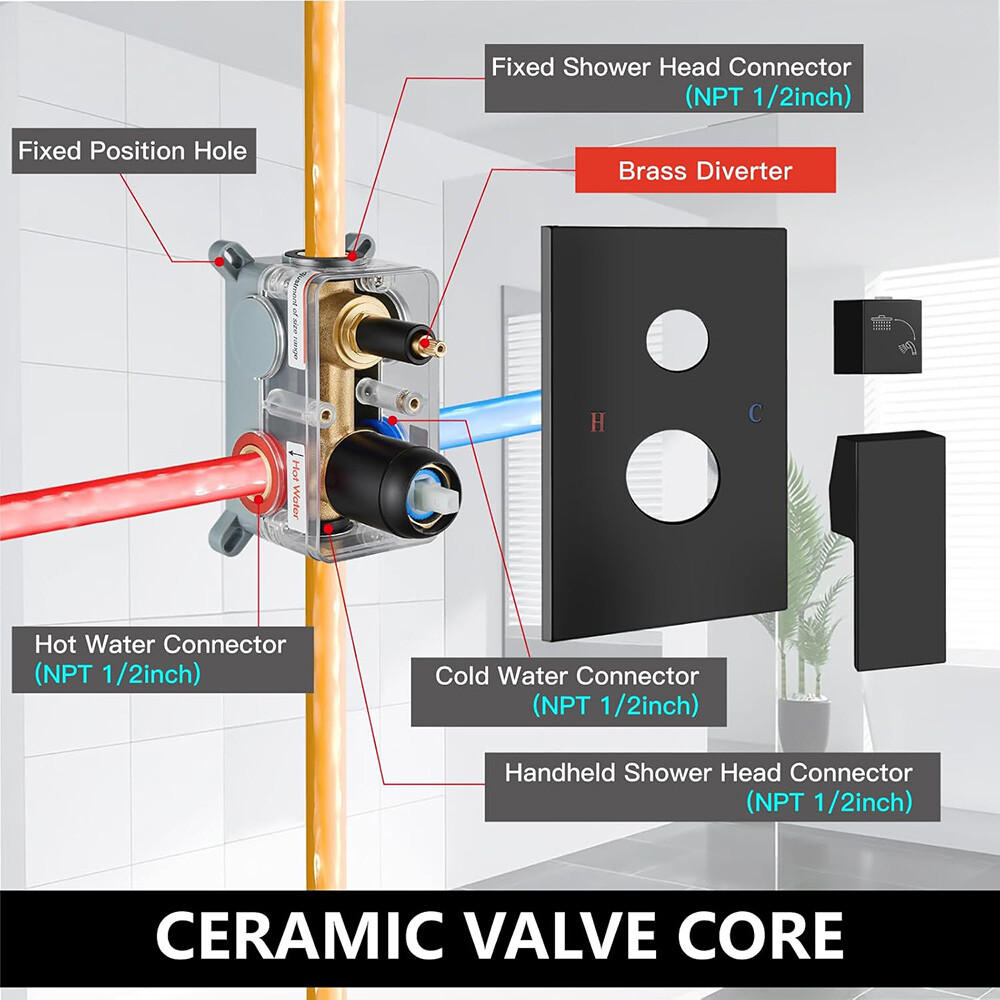 Shower Faucet Set w/Mixer Valve Kit Rainfall Shower Head Combo System Wall Mount