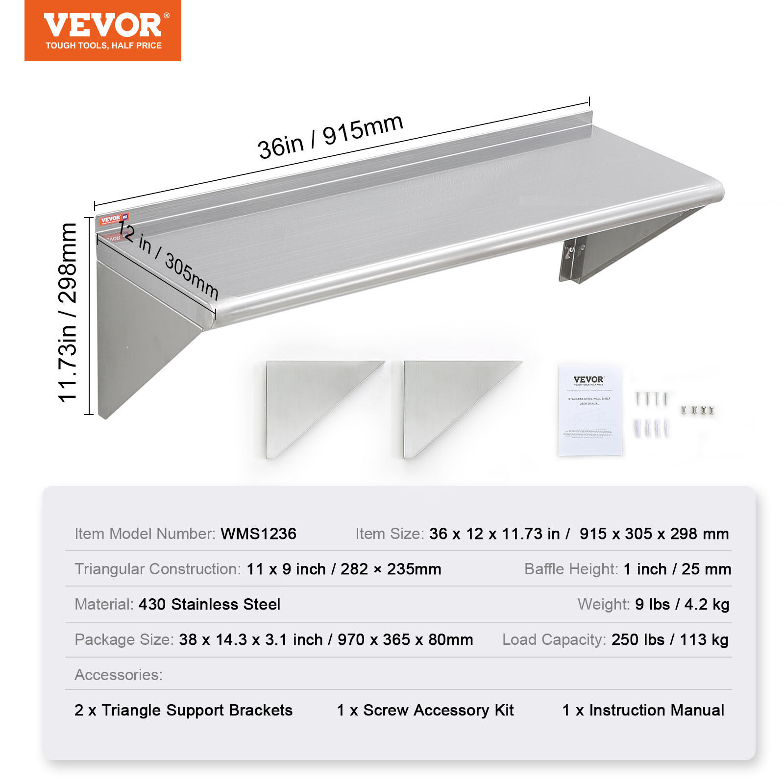 VEVOR 36" x 12" Stainless Steel Wall Mounted Shelf Kitchen Restaurant Shelving