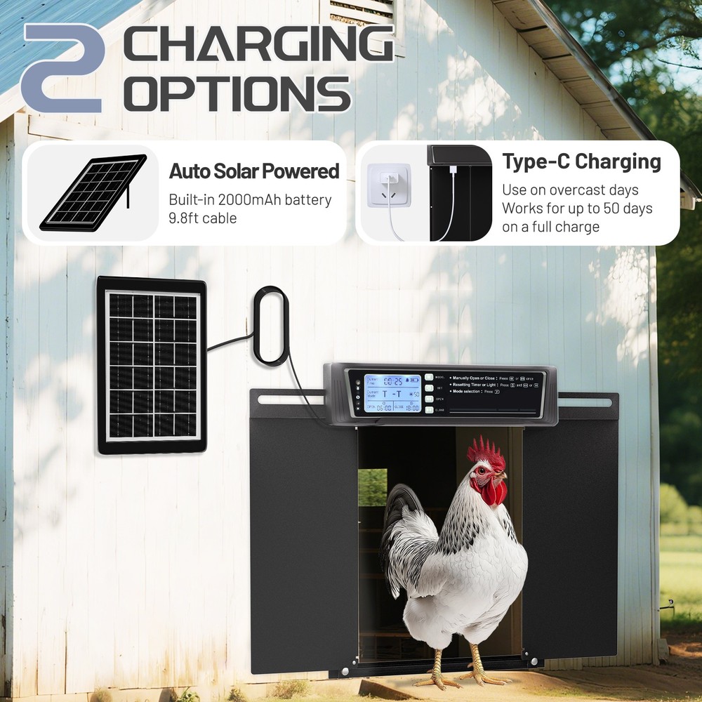 Automatic Chicken Coop Door Solar Large with Anti-Pinch/Timer/Light Sensor/LCD