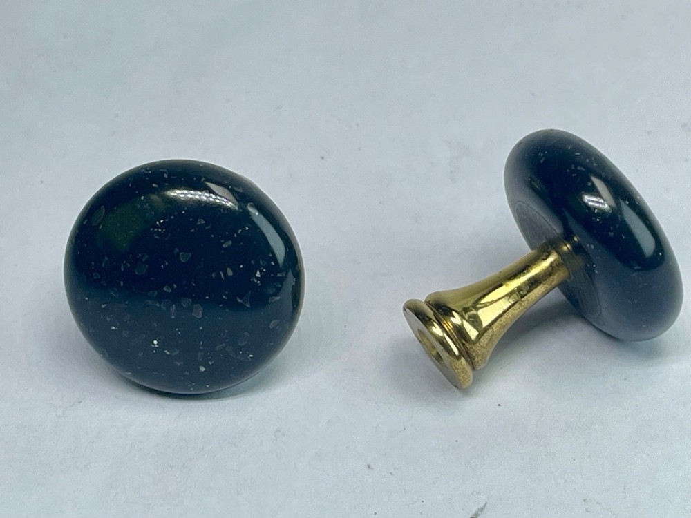 Set of 2 Natural Black Granite cabinets Knobs with solid brass inserts