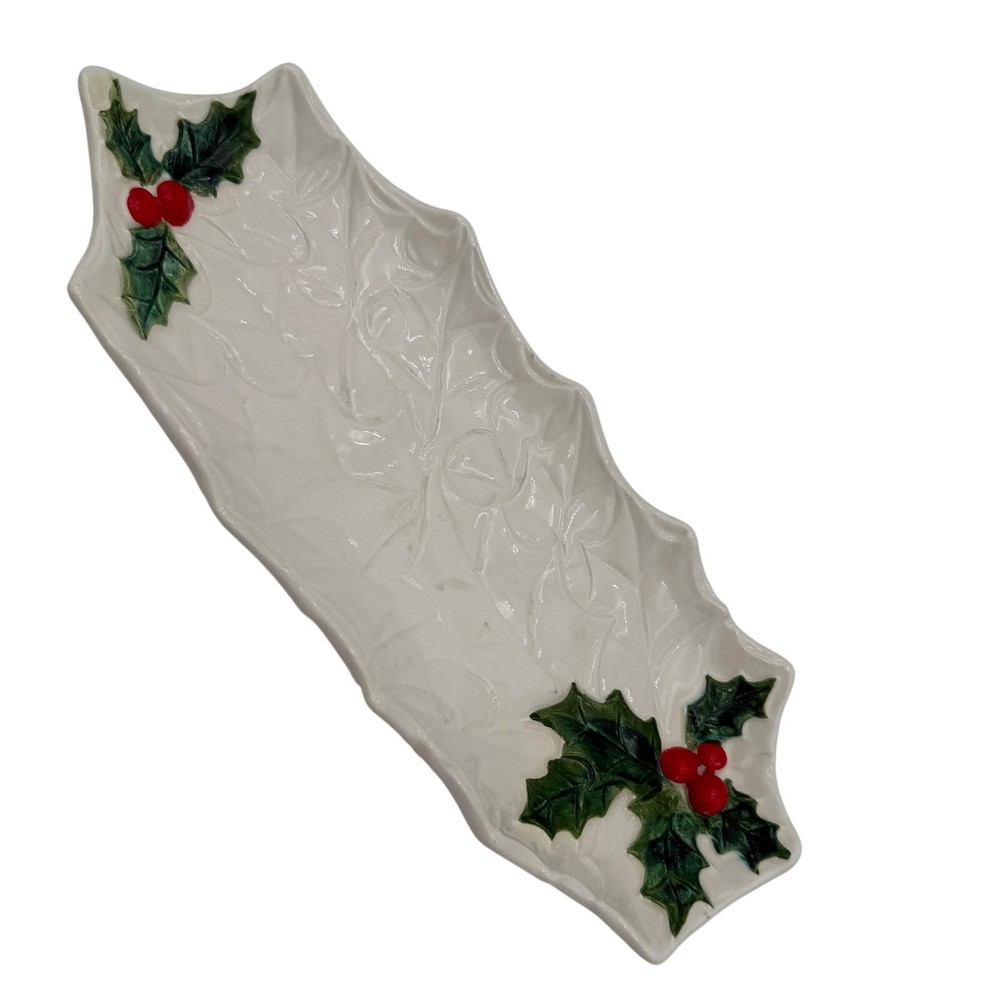 Vintage Celery Platter White Holly Pattern by Lefton 12"