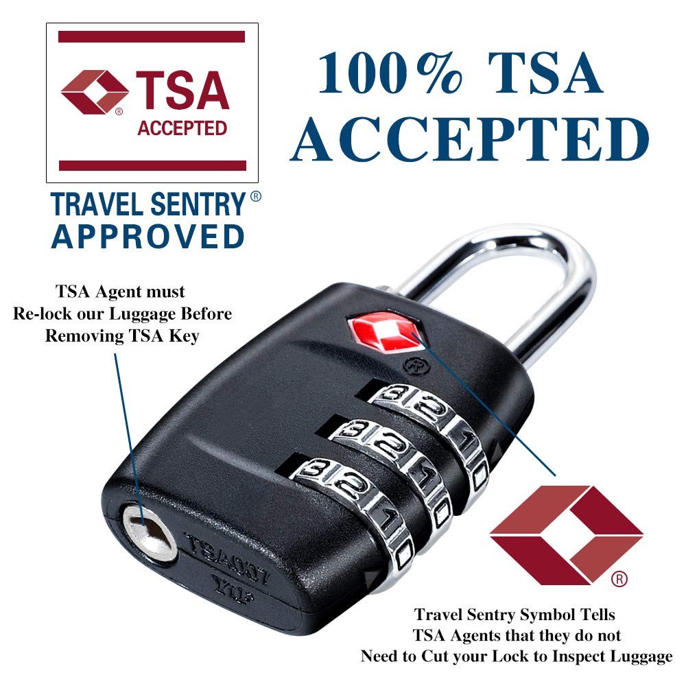 TSA Luggage Locks (4Pack) - 3 Digit Combination Padlocks - Approved Black