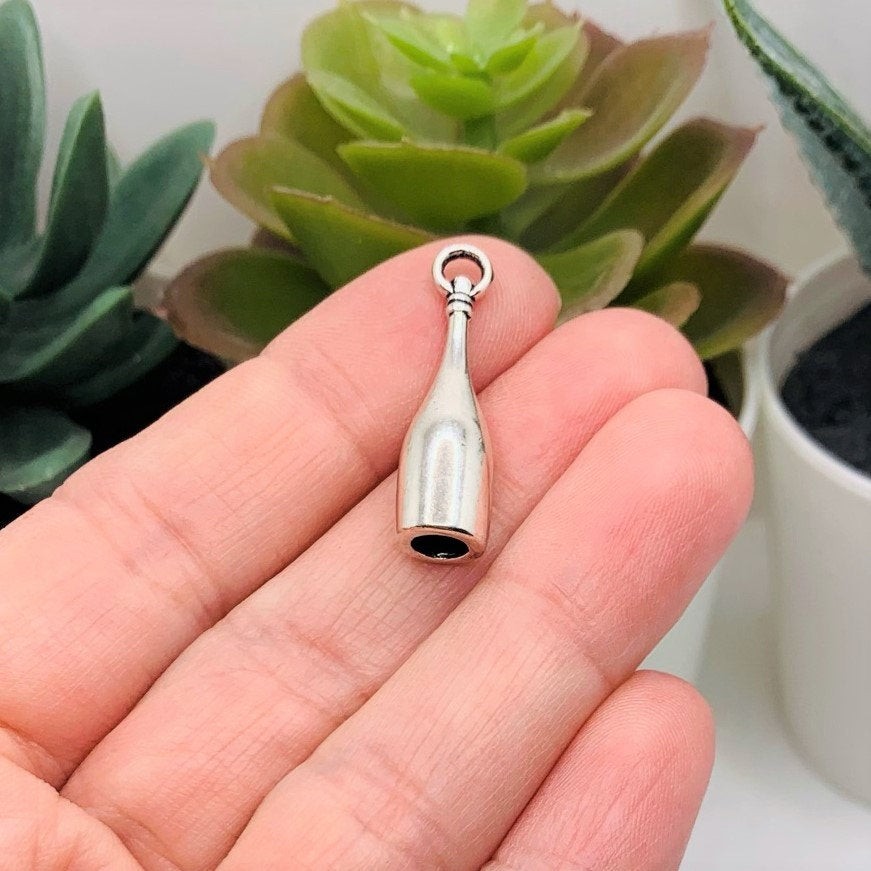Silver Wine Bottle 3D Charms, 28x8mm - US Seller