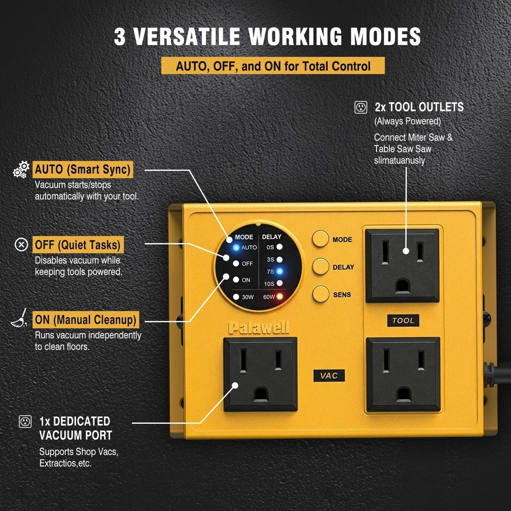 Automatic Vacuum Switch for Power Tools - Adjustable Threshold (30W/60W) & De...